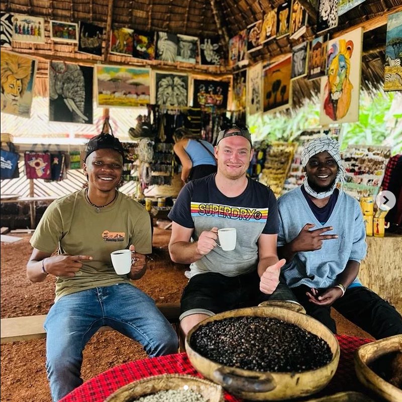 Justine Khadallah with guests on a coffee tour near Arusha